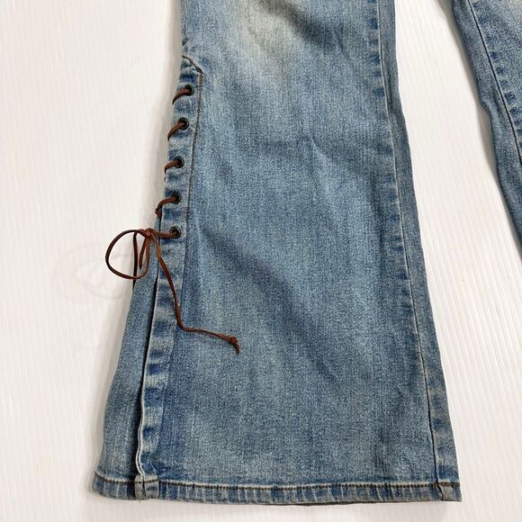 Y2K Hot Kiss Lace-Up Flare Jeans Low Rise Embroidered 3/ XS Boho Festival Bratz - Picture 12 of 16